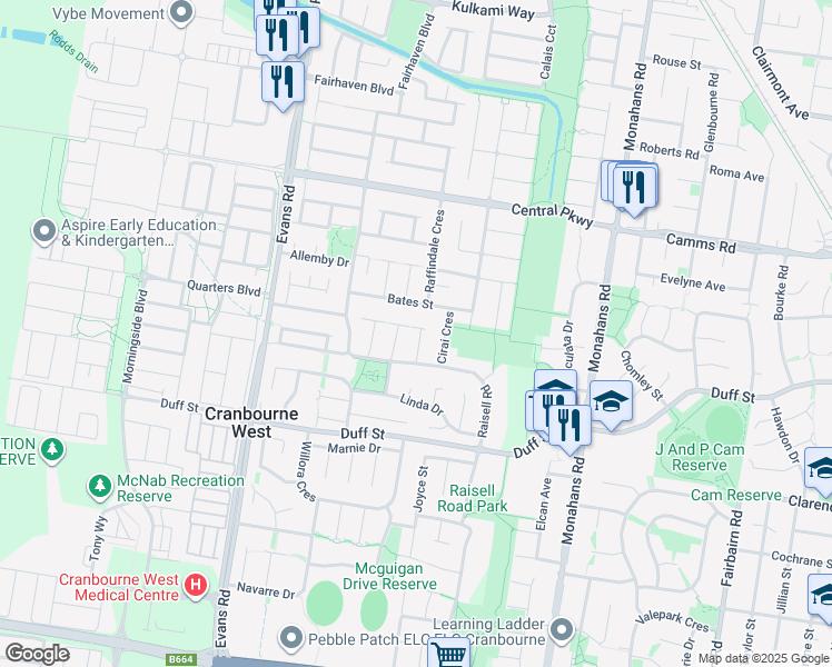 map of restaurants, bars, coffee shops, grocery stores, and more near 5 Gowrie Place in Cranbourne West