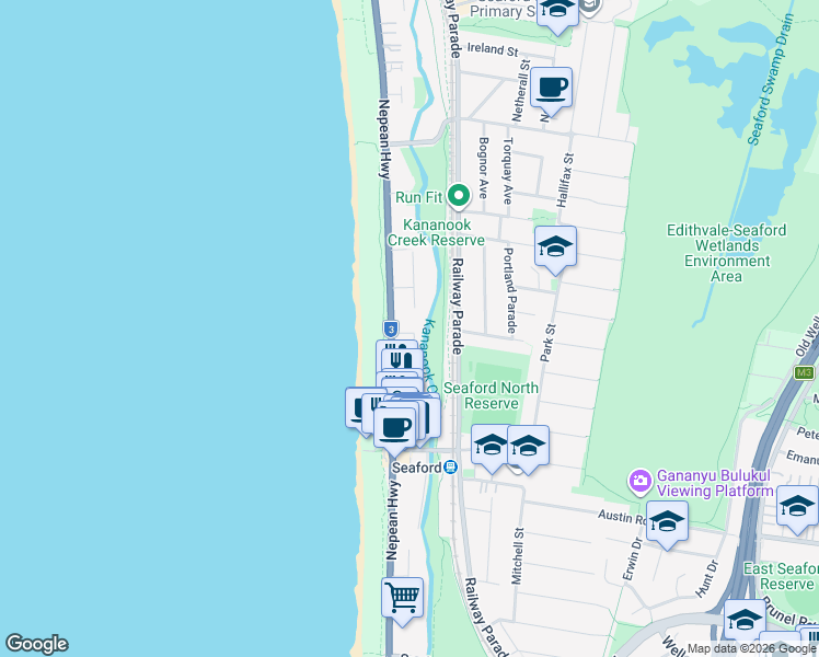 map of restaurants, bars, coffee shops, grocery stores, and more near 99-101 Nepean Highway in Seaford