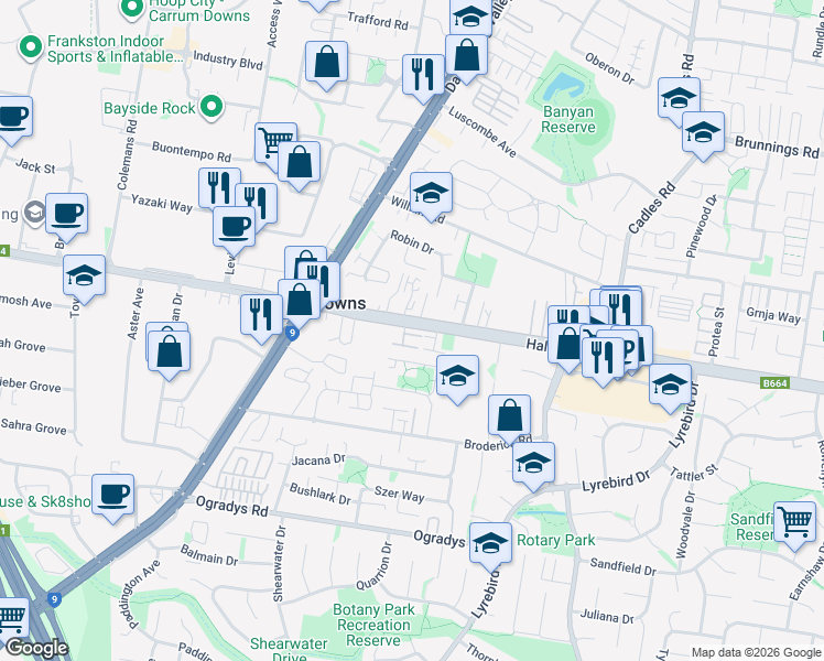 map of restaurants, bars, coffee shops, grocery stores, and more near 3 Gibson Court in Carrum Downs