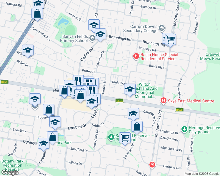 map of restaurants, bars, coffee shops, grocery stores, and more near 2 Flora Lane in Carrum Downs