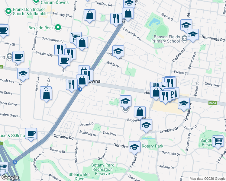 map of restaurants, bars, coffee shops, grocery stores, and more near 4 Gibson Court in Carrum Downs