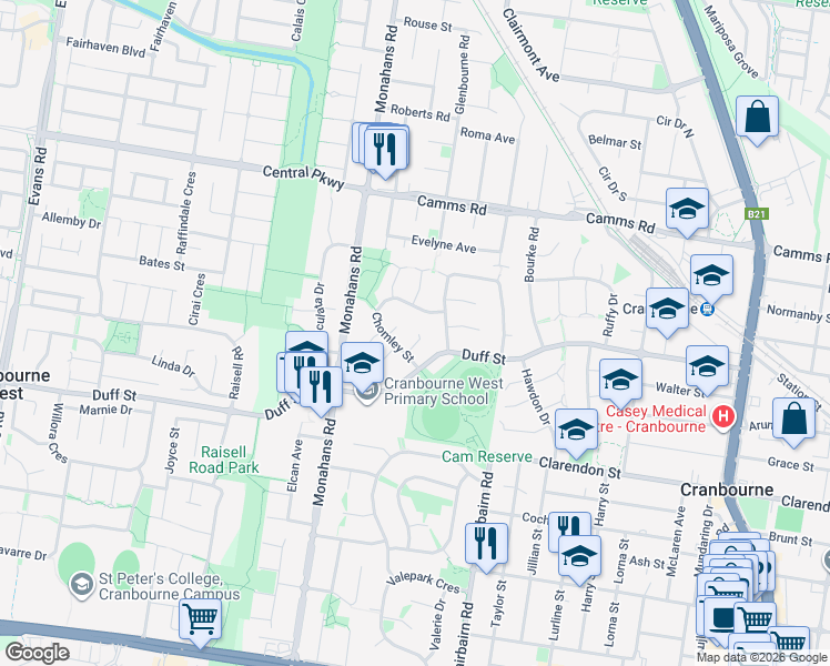 map of restaurants, bars, coffee shops, grocery stores, and more near 4 Miles Court in Cranbourne