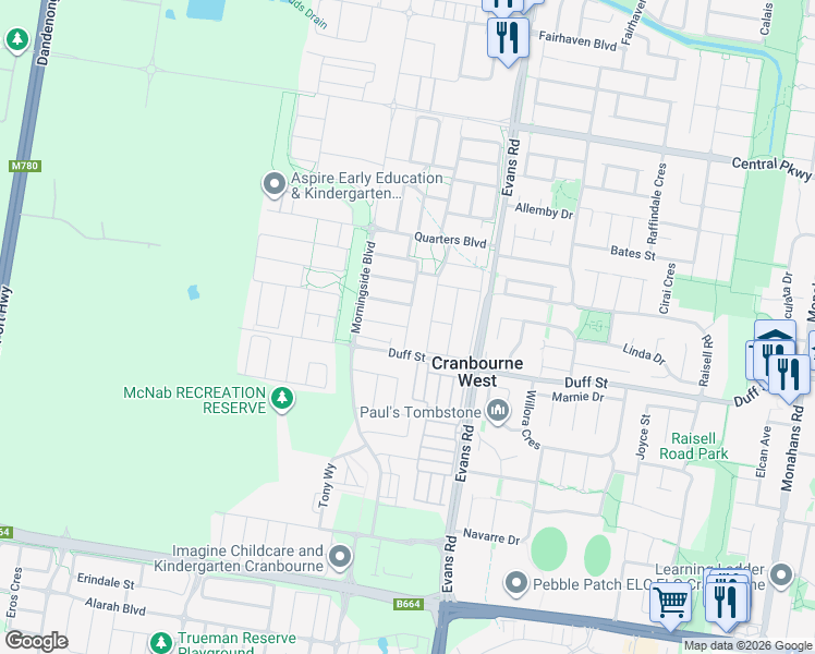 map of restaurants, bars, coffee shops, grocery stores, and more near Bridport Street in Cranbourne West