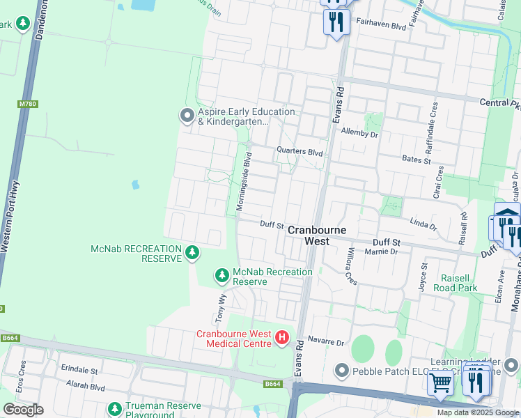 map of restaurants, bars, coffee shops, grocery stores, and more near 12 Bridport Street in Cranbourne West