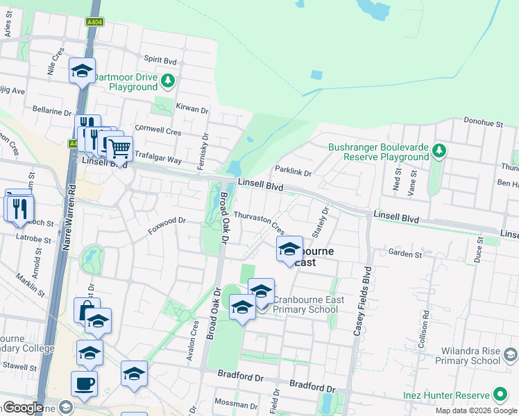 map of restaurants, bars, coffee shops, grocery stores, and more near 3 Barnby Grove in Cranbourne East