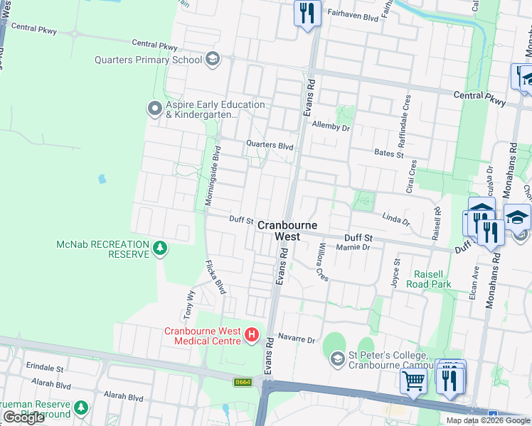 map of restaurants, bars, coffee shops, grocery stores, and more near 24 Eminence Drive in Cranbourne West