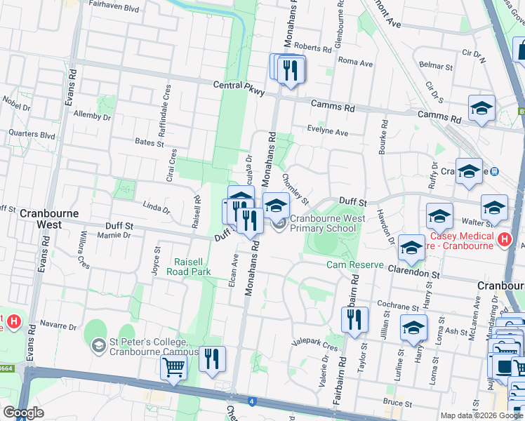 map of restaurants, bars, coffee shops, grocery stores, and more near 83 Monahans Road in Cranbourne