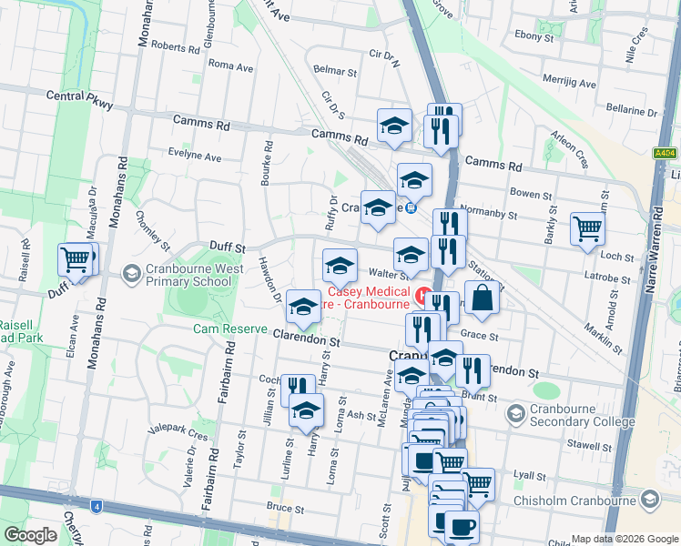 map of restaurants, bars, coffee shops, grocery stores, and more near 9 Tucker Street in Cranbourne