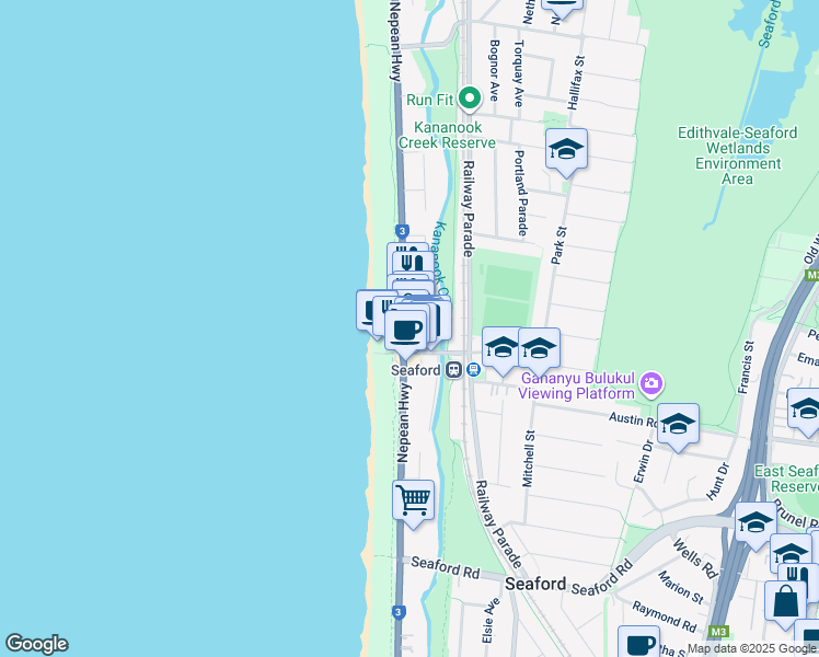 map of restaurants, bars, coffee shops, grocery stores, and more near 118 Nepean Highway in Seaford