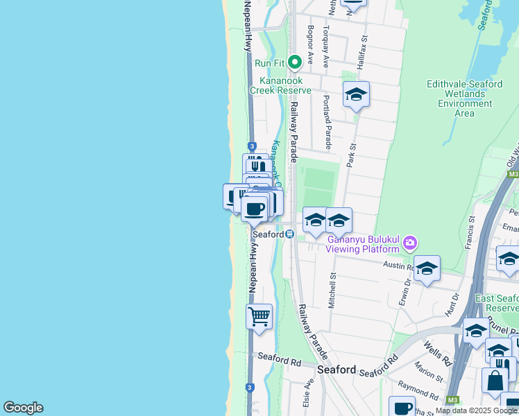 map of restaurants, bars, coffee shops, grocery stores, and more near 118 Nepean Highway in Seaford