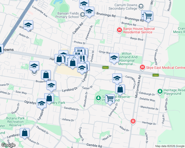 map of restaurants, bars, coffee shops, grocery stores, and more near 25 Parkdale Drive in Carrum Downs