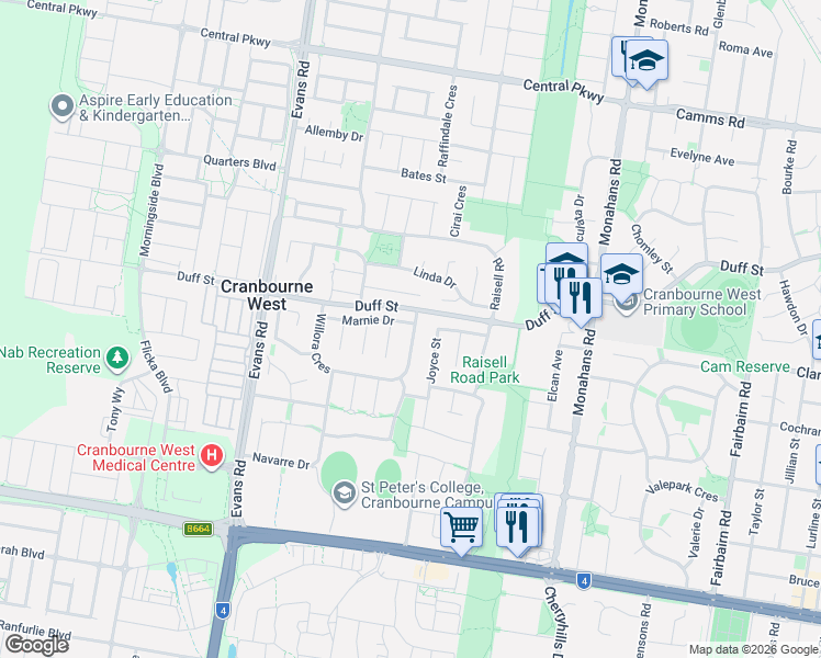 map of restaurants, bars, coffee shops, grocery stores, and more near 26 Marnie Drive in Cranbourne West