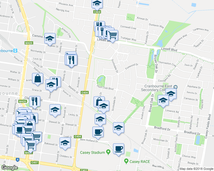 map of restaurants, bars, coffee shops, grocery stores, and more near 31 Waterside Drive in Cranbourne East