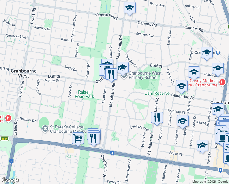 map of restaurants, bars, coffee shops, grocery stores, and more near 58 Monahans Road in Cranbourne