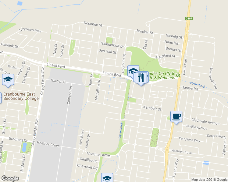 map of restaurants, bars, coffee shops, grocery stores, and more near 24 Kilmarnock way in Clyde North