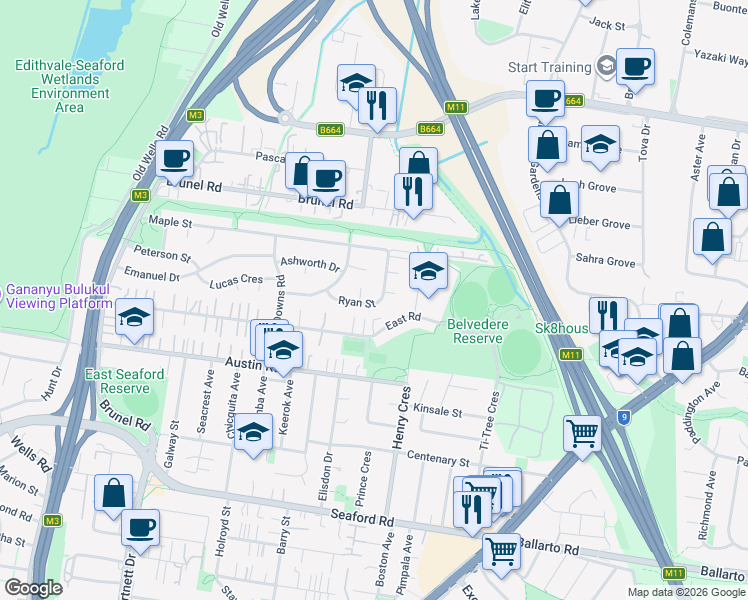 map of restaurants, bars, coffee shops, grocery stores, and more near 13 Ryan Street in Seaford