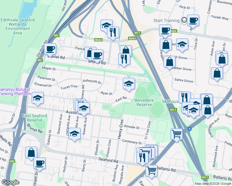map of restaurants, bars, coffee shops, grocery stores, and more near 32 Ryan Street in Seaford
