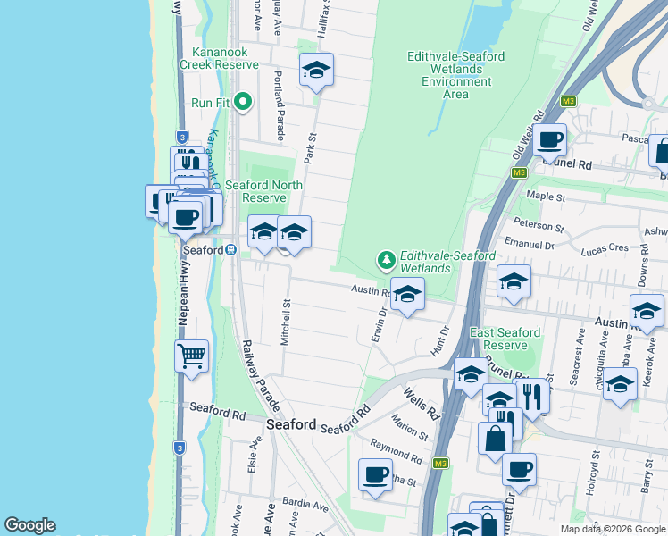 map of restaurants, bars, coffee shops, grocery stores, and more near 43R Austin Road in Seaford