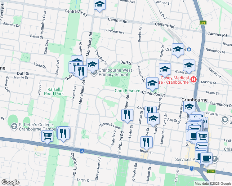 map of restaurants, bars, coffee shops, grocery stores, and more near 58 Wallace Road in Cranbourne