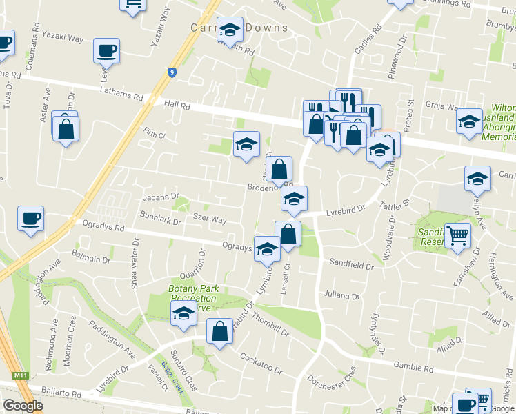 map of restaurants, bars, coffee shops, grocery stores, and more near 9 Firetail Court in Carrum Downs