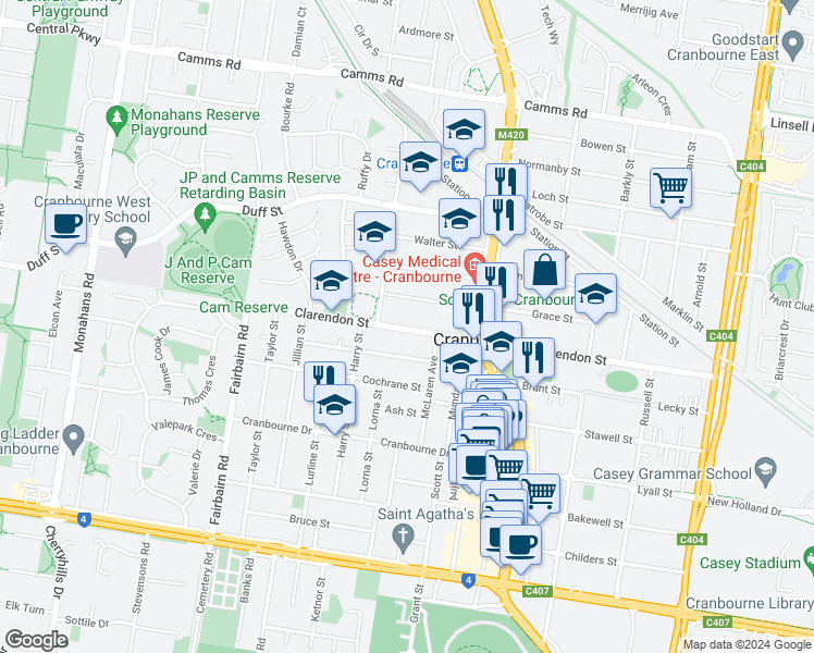 map of restaurants, bars, coffee shops, grocery stores, and more near in Cranbourne