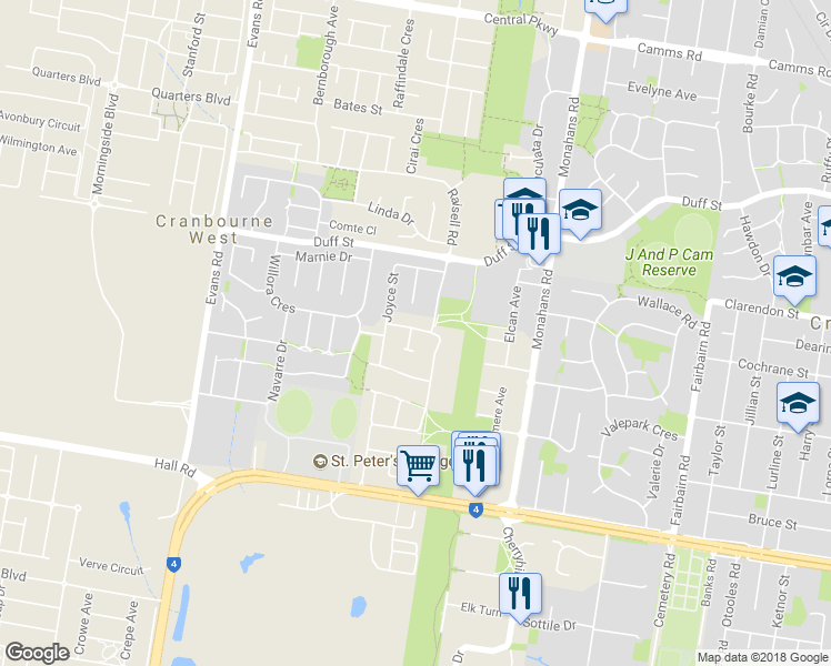 map of restaurants, bars, coffee shops, grocery stores, and more near 1 Rimes Court in Cranbourne West