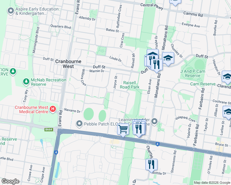 map of restaurants, bars, coffee shops, grocery stores, and more near 40 Joyce Street in Cranbourne West