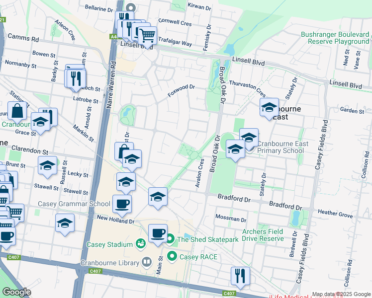 map of restaurants, bars, coffee shops, grocery stores, and more near in Cranbourne East