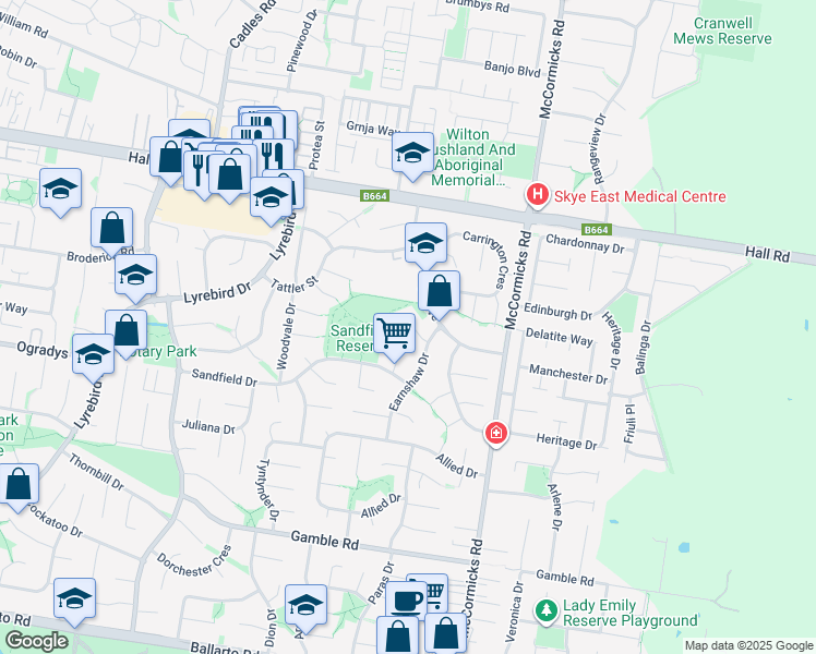 map of restaurants, bars, coffee shops, grocery stores, and more near 10 Mowbray Court in Carrum Downs