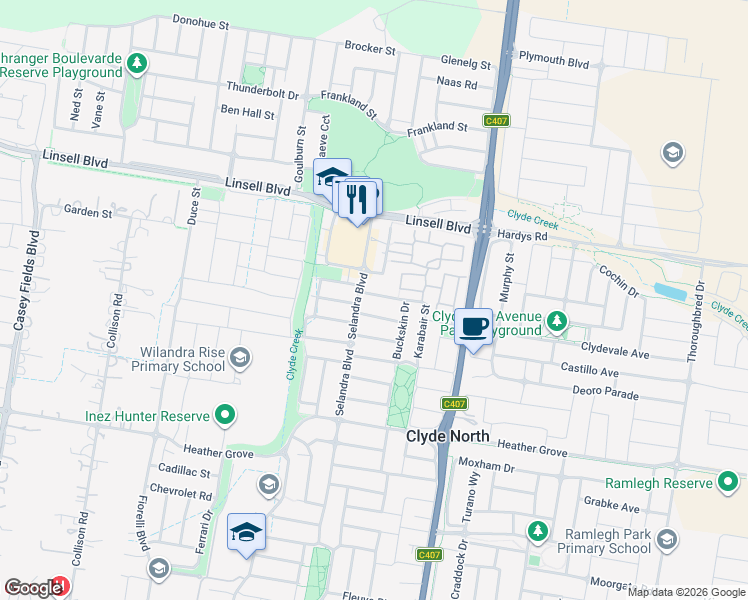map of restaurants, bars, coffee shops, grocery stores, and more near 6 Karabair Street in Clyde North