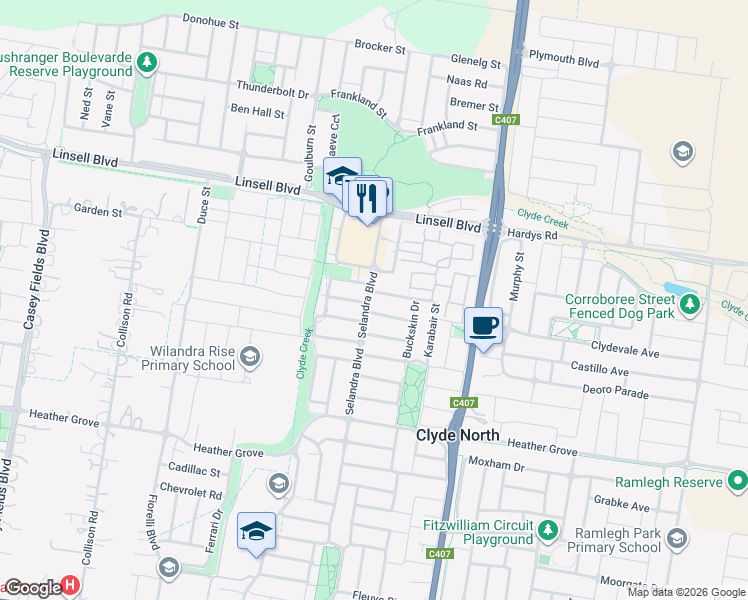 map of restaurants, bars, coffee shops, grocery stores, and more near 21 Selandra Boulevard in Clyde North