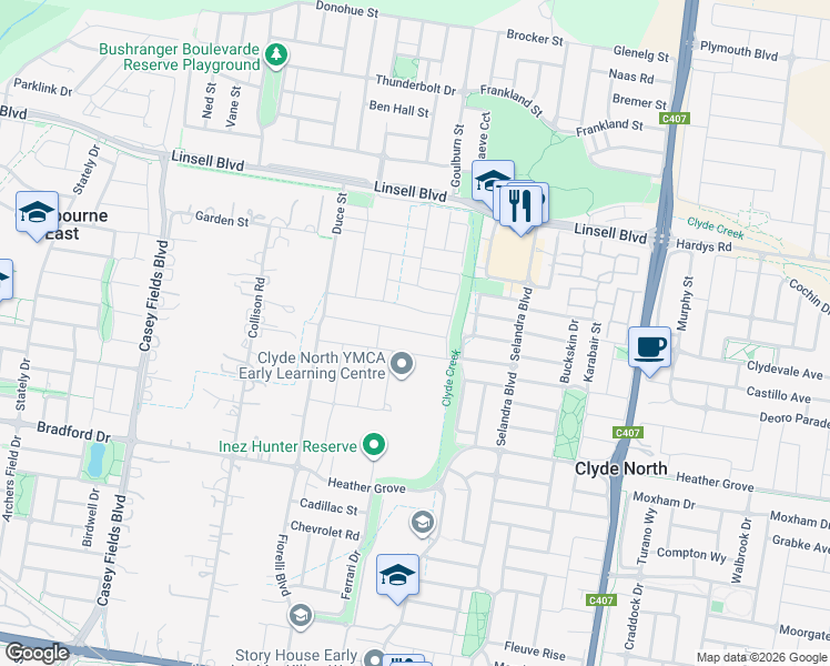 map of restaurants, bars, coffee shops, grocery stores, and more near 22 Dream Avenue in Clyde North