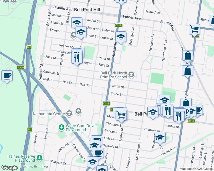 map of restaurants, bars, coffee shops, grocery stores, and more near 107 Anakie Road in Bell Post Hill