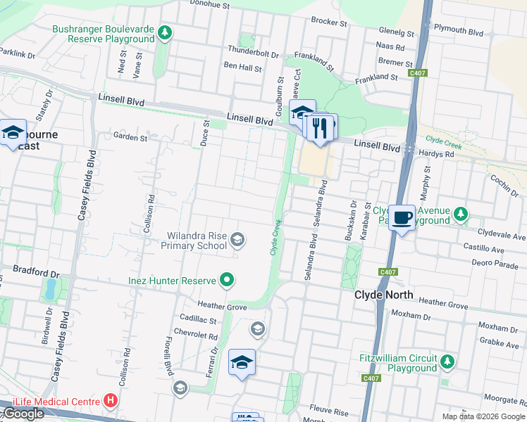 map of restaurants, bars, coffee shops, grocery stores, and more near Dream Avenue in Clyde North