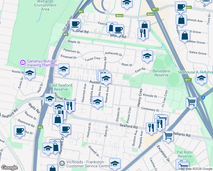 map of restaurants, bars, coffee shops, grocery stores, and more near 156-158 Austin Road in Seaford