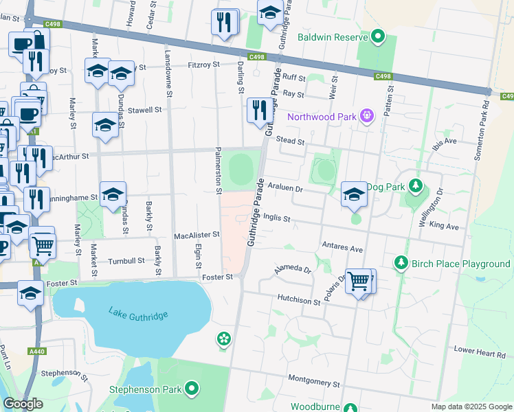 map of restaurants, bars, coffee shops, grocery stores, and more near Guthridge Parade in Sale