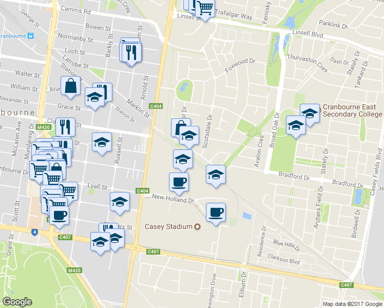 map of restaurants, bars, coffee shops, grocery stores, and more near 47 Briarcrest Drive in Cranbourne East