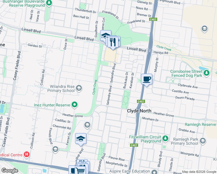 map of restaurants, bars, coffee shops, grocery stores, and more near 46 Selandra Boulevard in Clyde North