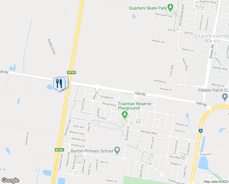 map of restaurants, bars, coffee shops, grocery stores, and more near Fintona Crescent in Cranbourne West