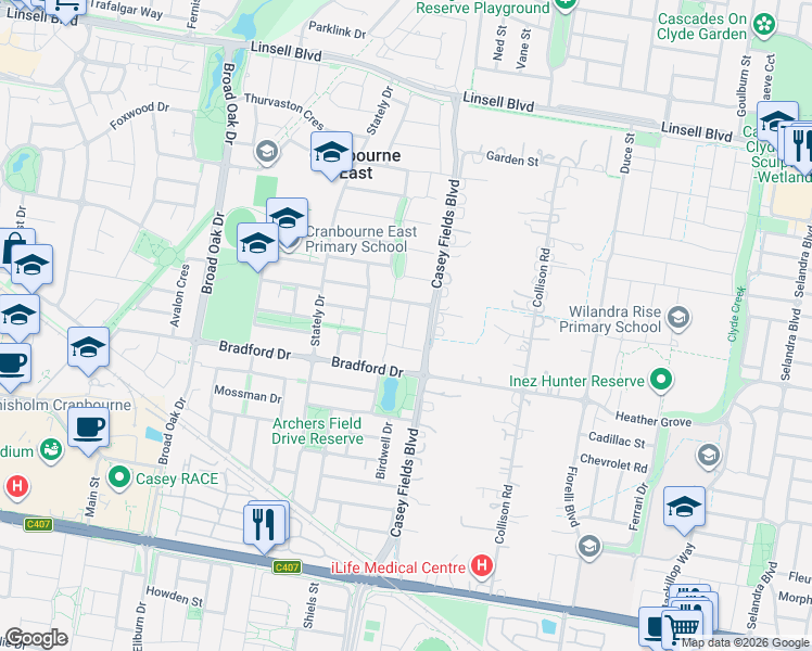 map of restaurants, bars, coffee shops, grocery stores, and more near Hewitt Street in Cranbourne East