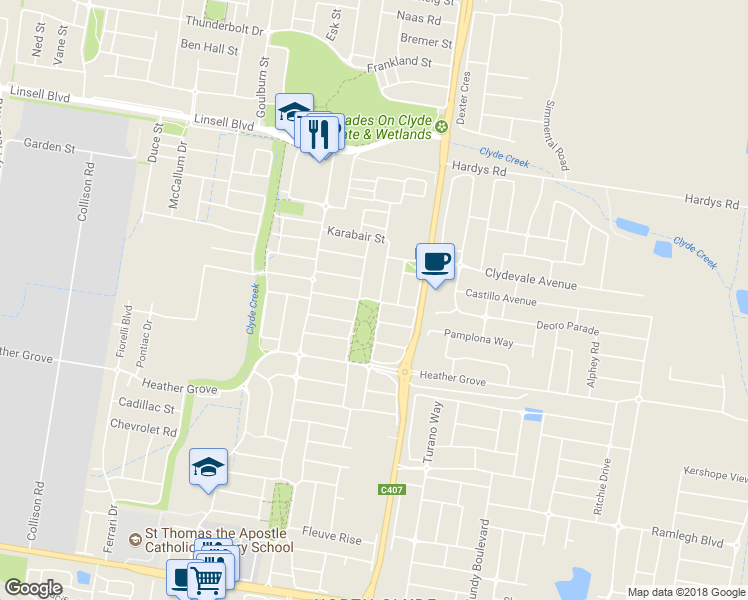 map of restaurants, bars, coffee shops, grocery stores, and more near 34 Palomino Avenue in Clyde North