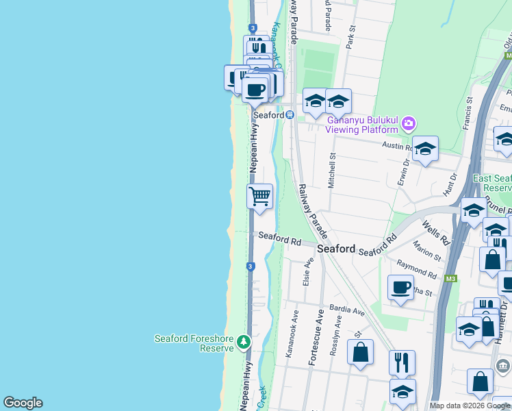 map of restaurants, bars, coffee shops, grocery stores, and more near 161 Nepean Highway in Seaford