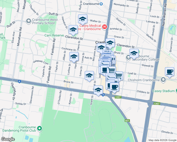 map of restaurants, bars, coffee shops, grocery stores, and more near 14 Binding Avenue in Cranbourne