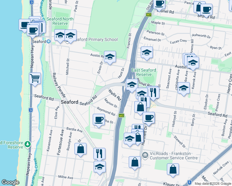 map of restaurants, bars, coffee shops, grocery stores, and more near 72 Wells Road in Seaford