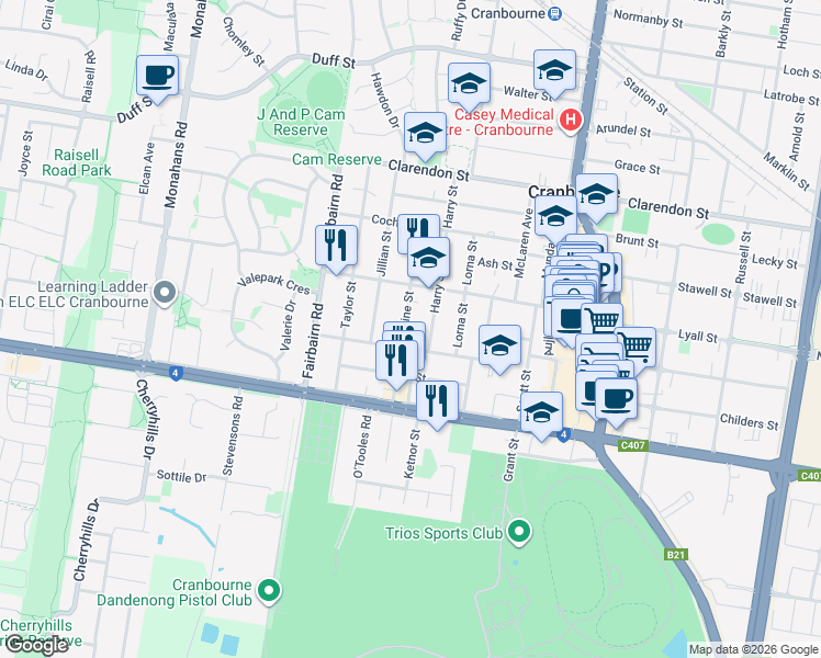 map of restaurants, bars, coffee shops, grocery stores, and more near 42 Lurline Street in Cranbourne