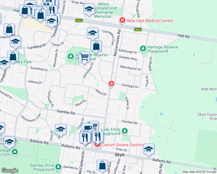 map of restaurants, bars, coffee shops, grocery stores, and more near 85 McCormicks Road in Carrum Downs