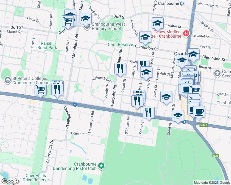 map of restaurants, bars, coffee shops, grocery stores, and more near 16 Fairbairn Road in Cranbourne