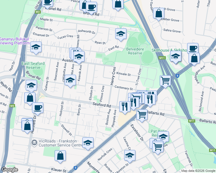 map of restaurants, bars, coffee shops, grocery stores, and more near 26B Centenary Street in Seaford