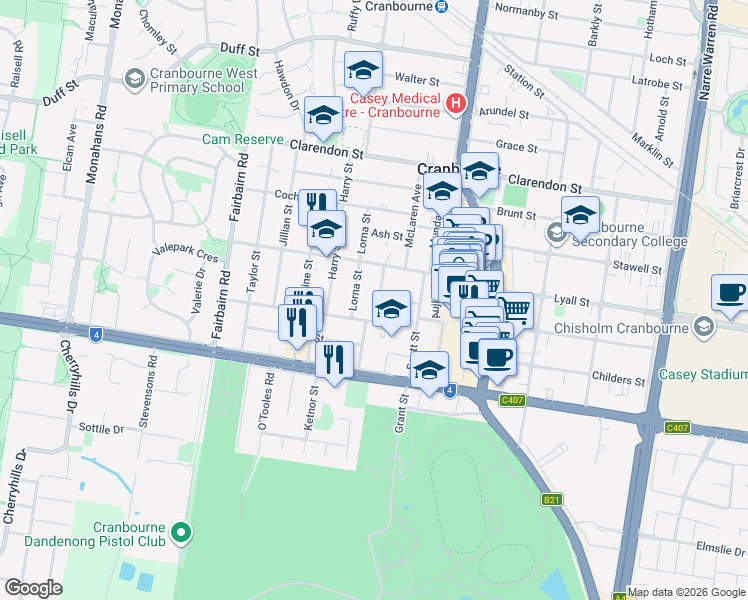 map of restaurants, bars, coffee shops, grocery stores, and more near 7 Binding Avenue in Cranbourne
