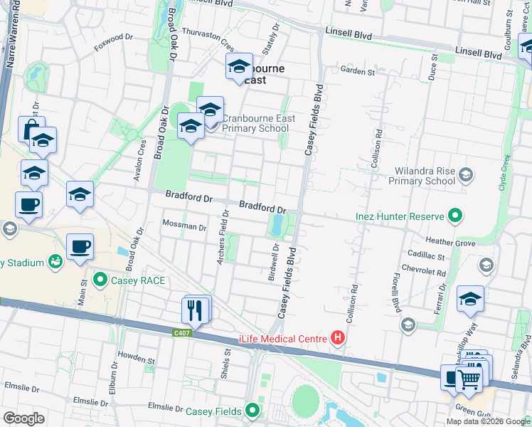map of restaurants, bars, coffee shops, grocery stores, and more near 4 Ardent Crescent in Cranbourne East